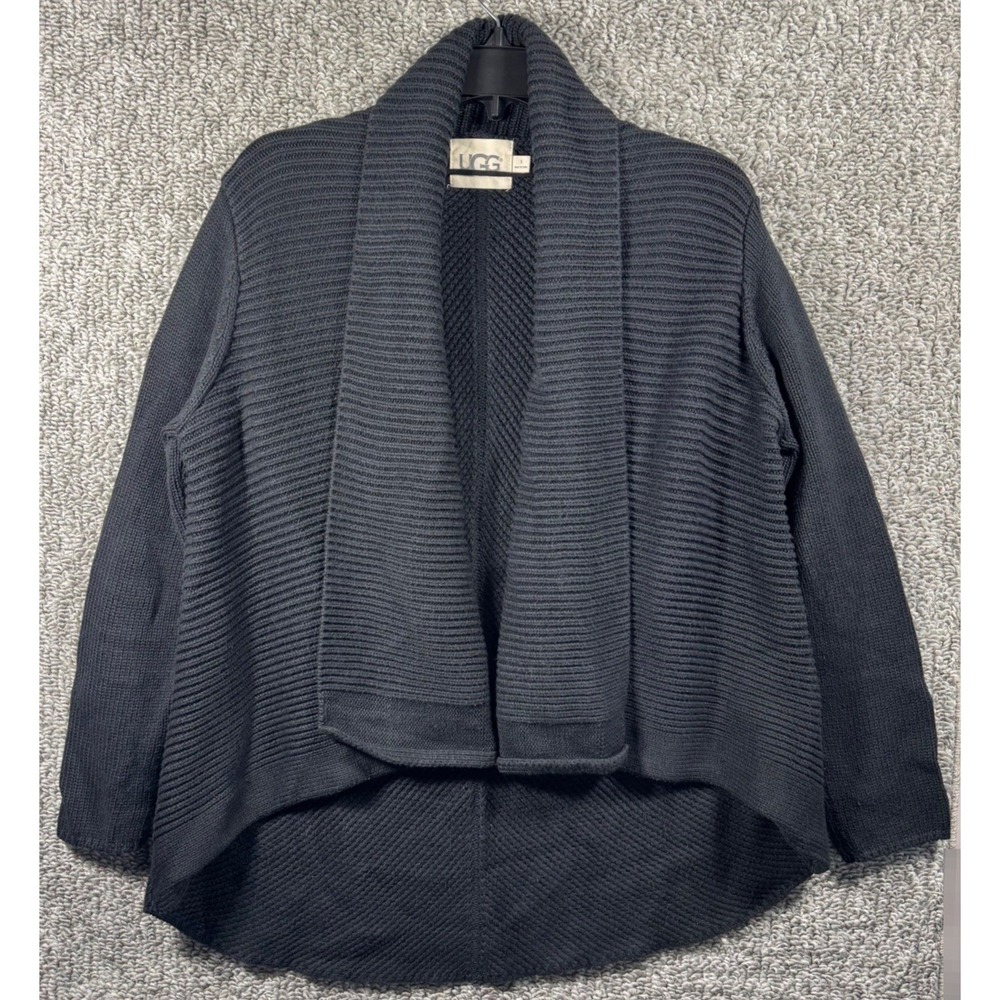 UGG Angled Shawl Collar Cardigan Ribbed Knit Cotton Cashmere Blend Black Women S